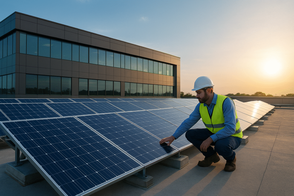 Commercial solar panel installation on a business rooftop by Xnergs.