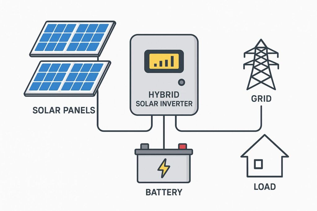 Diagram of hybrid solar system showing solar panels, hybrid inverter, battery bank, grid and load