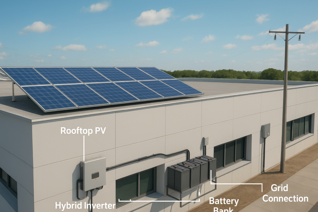 Diagram of rooftop solar array connected to a hybrid inverter with batteries, loads and grid; arrows show power flows.