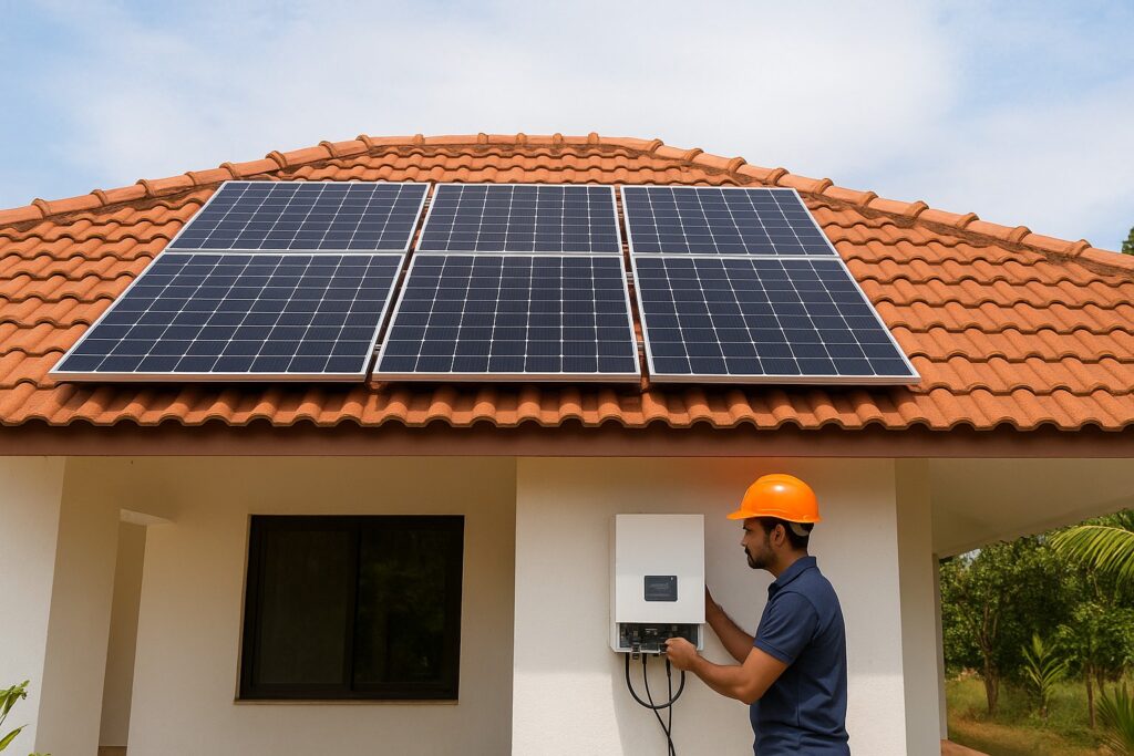 Rooftop solar panels being commissioned on a family home in Goa.